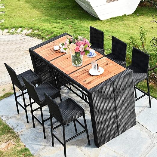 Conversation Set For Patios Porches Backyards Gardens And Poolside Patio Wicker Furniture Set With Acacia Wood Table Top And Removable Cushion Black Tangkula 7 Pcs Outdoor Dining Set Patio Lawn Garden