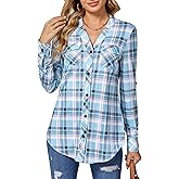 DJT Womens Soft Stretchy Knit Plaid Button Down Shirts Cut Triangle V Neck Roll Up Long Sleeve Tops Blouses