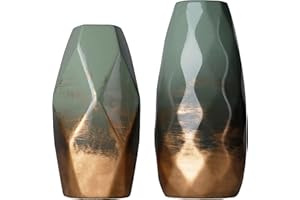 TERESA'S COLLECTIONS Green Vase Set, Gold Green Modern Ceramic Vases for Mantel Decor, Decorative Flower Vases for Home, Centerpieces, Shelf, Living Room, Ideal Gifts for Fathers Day, Dad-Set of 2, 9"
