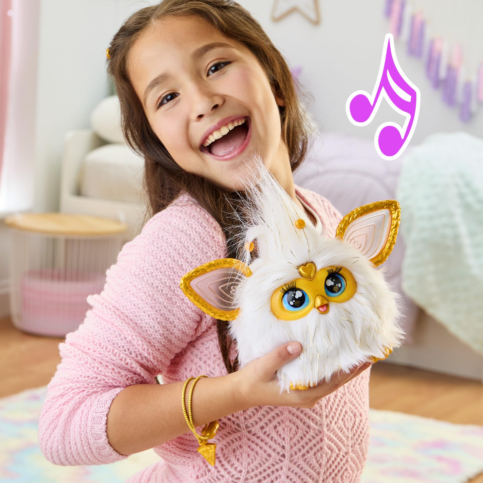 Furby Gold Glam Interactive Plush Toys for 6 Year Old Girls & Boys & Up, Voice Activated Animatronic, Speaks English & Furbish, White, Christmas Stocking Stuffers (Amazon Exclusive)