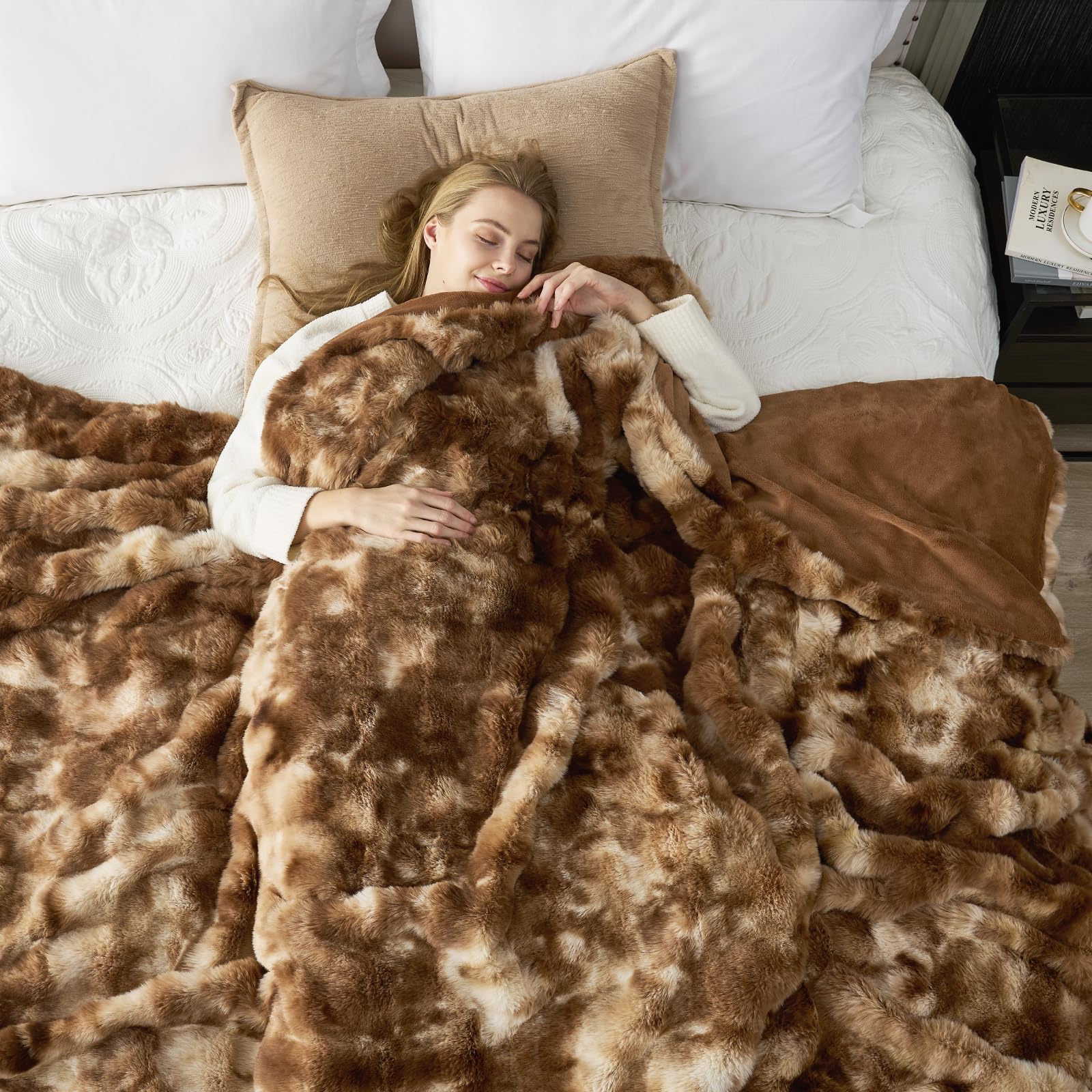 Cozy Bliss Faux Fur Throw Blanket King Size, Fuzzy Soft Plush Thick Bubble Blanket for Bed Couch Bedroom Living Room, 108x90 Inches Tie-dye Brown Image