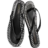XBKXMK Studded Flip Flops for Woman Leather Open Round Toe Flat Thong Sandals Fashion Summer Beach Slides Sandals Slip on Comfortable Trendy Thongs