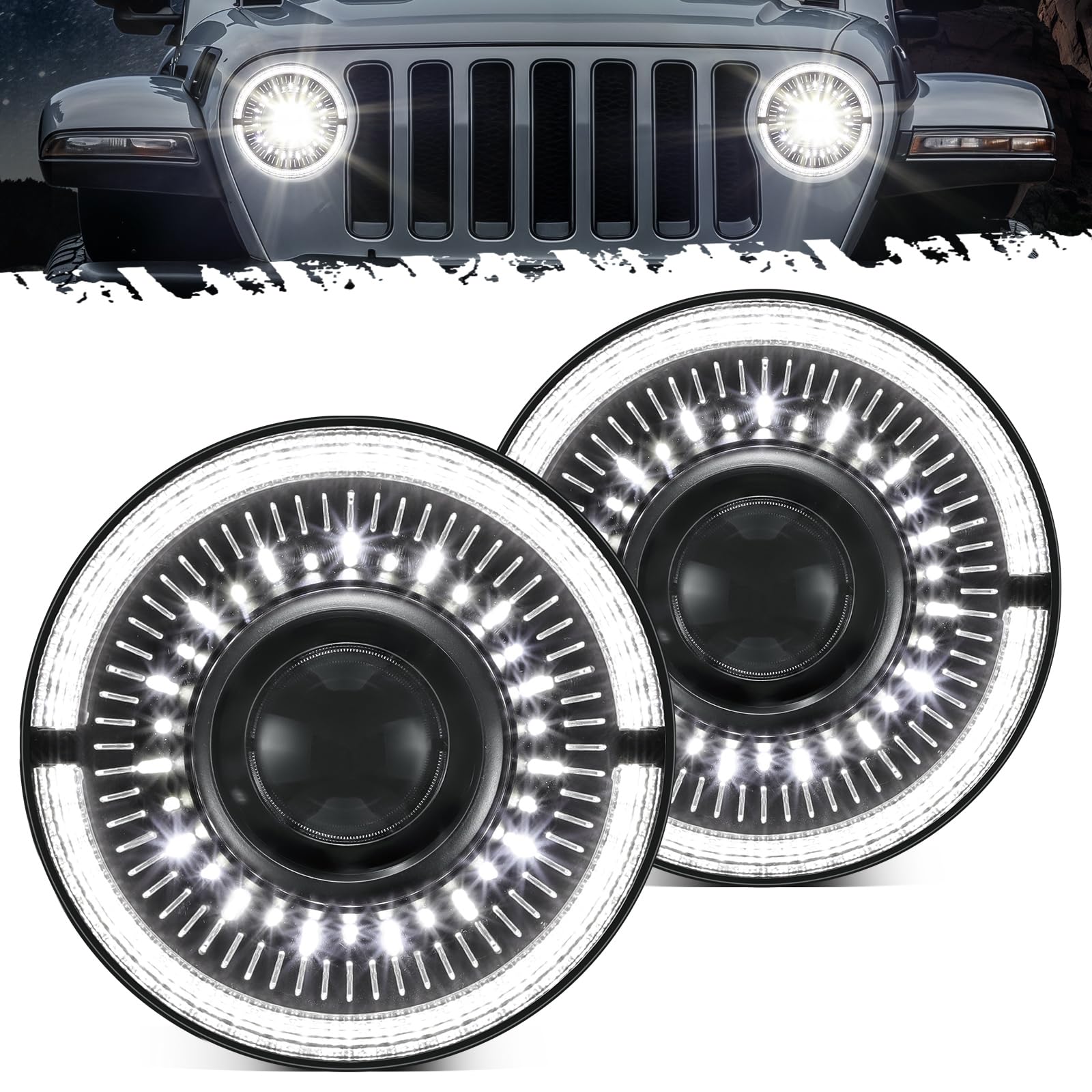 Photo 1 of Partsam 7 inch Round LED Headlights DOT Approved Replacement for Wrangler/JK/TJ/CJ, with Start-up Gradient Halo DRL Turn Signal, Anti-glare High/Low Beam, H6024, Black