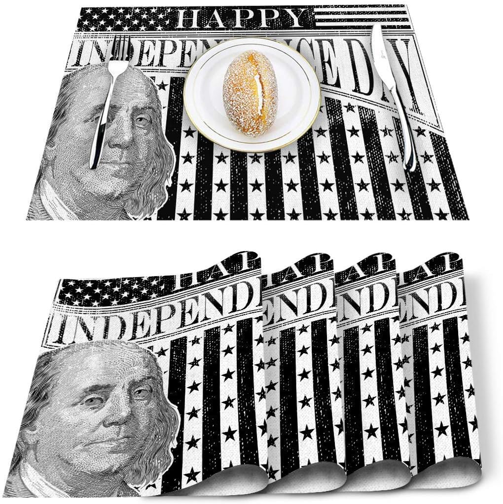 GuyIvan Set of 6 Placemats, Happy Independence Day US Dollar with American Flag Print Black Placemats Place Mat, Table Mats Kitchen Table Mats
