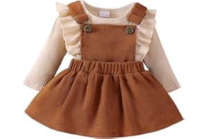 BRICUTESK Baby Girl Clothes toddler fall outfit Ruffles long sleeve Romper+suspender skirt dress+ DIY Headband 3pcs