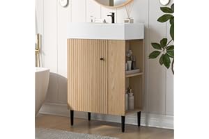 Merax Bathroom Vanity with Sink, Undermount Sinks Vanity with Side Storage, 20 Inch Free Standing Bathroom Storage Cabinet Combo Set, One Piece Sink Basin Bathroom Vanity, Oak