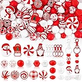 FYSUIMU Christmas Silicone Wooden Beads for Keychain Making Kit Xmas Red White Round Polygonal Loose Beads Bulk for DIY Pen Bracelet Necklace Crafts Holiday Party Decor, 168 Pcs