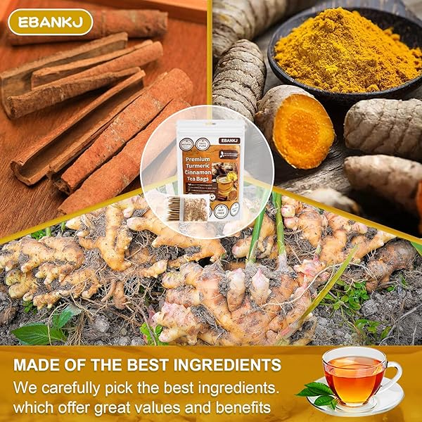 EBANKJ TURMERIC AND CINNAMON TEA BAGS – 60 HERBAL TEA BAGS – CAFFEINE-FREE, SUGAR-FREE, NATURALLY RELIEVES STRESS AND BOOSTS IMMUNITY – HANDCRAFTED HEALTH TEA