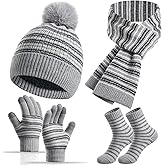 Kids Winter Hat Gloves Scarf Socks Set 4Pcs, Toddler Pom Beanie Warm Knit Scarf Fleece Mittens Socks for Girls Boys Aged 3-8