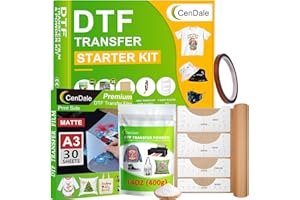 CenDale DTF Transfer Film Powder Kit - 30 Sheets A3 DTF Film for Sublimation, 14oz White Medium DTF Powder, DTF Starter Kit for DTF/Sublimation Printer, Hot & Cold Peel DTF Paper for All Color Fabrics
