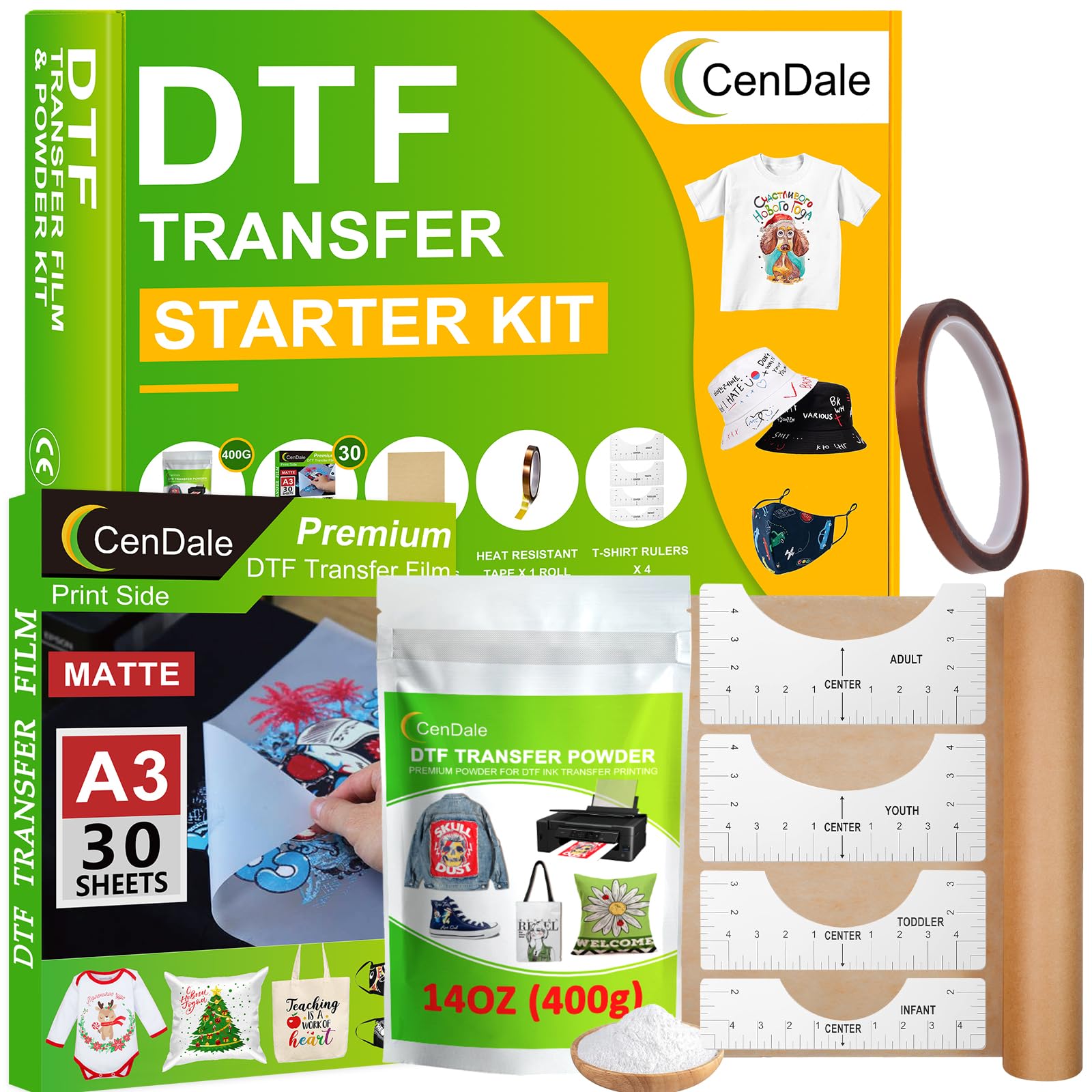 Photo 1 of CenDale DTF Transfer Film Powder Kit - 30 Sheets A3 Film for Sublimation, 14oz White Medium Powder, Starter Kit for DTF/Sublimation Printer, Hot & Cold Peel Paper for All Color Fabrics