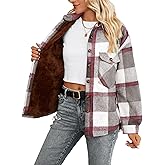FindThy Women's Warm Sherpa Lined Fleece Plaid Flannel Shirt Jacket Button Down Fuzzy Shacket