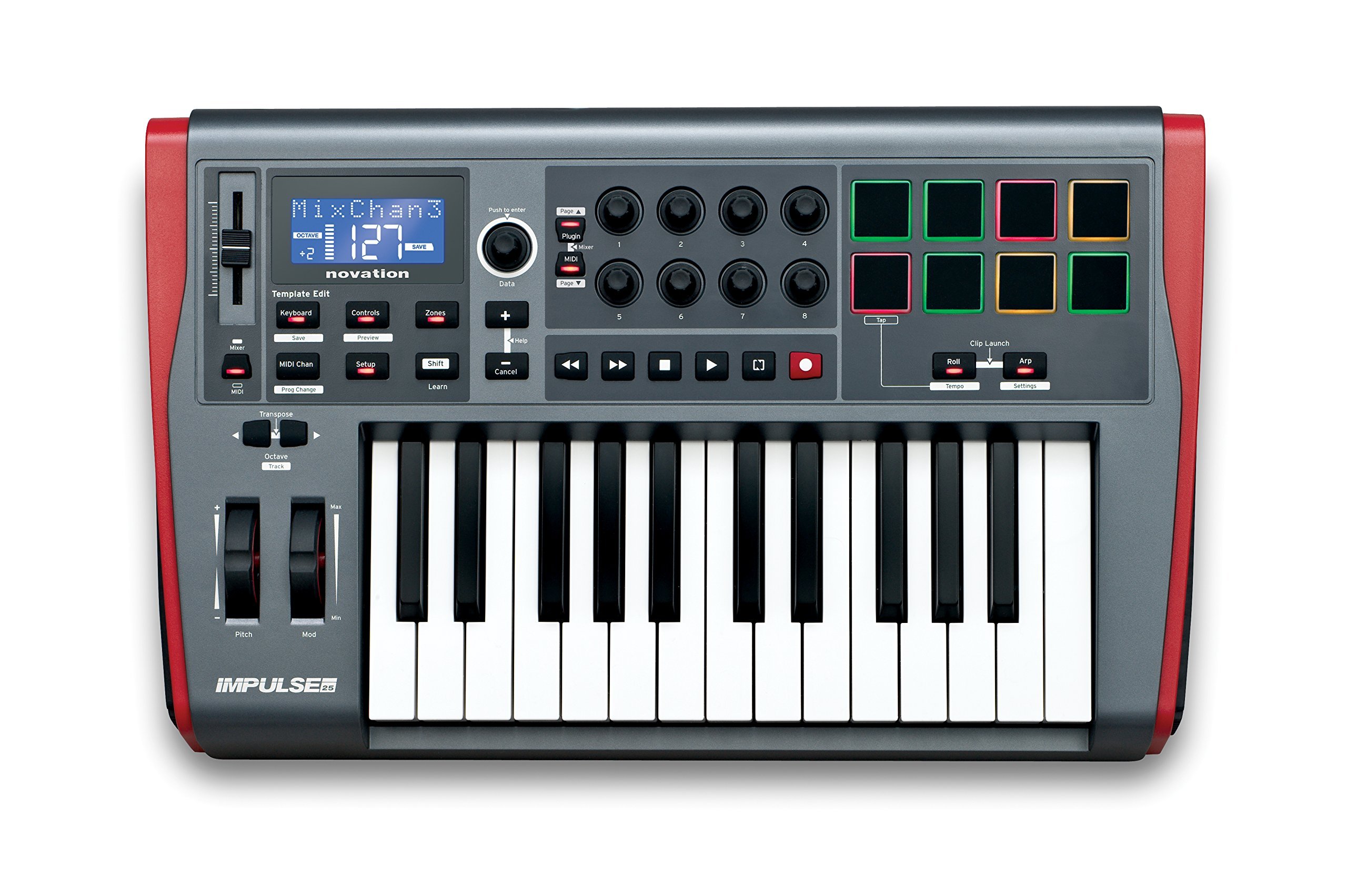 Novation Impulse 25 Keys USB bus-powered MIDI Controller Keyboard – Robust, ultra-responsive, full-size piano keyboard with aftertouch and velocity-sensitive pads – works on Mac or Windows