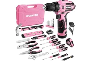 WORKPRO Pink Tool Set with Power Drill, 108PCS Portable Ladies Pink Drill Kit for Home with Toolbox and Pink Hammer, 1.5 Ah Cordless Drills with Keyless Chuck and Variable Speed Trigger - Pink Ribbon