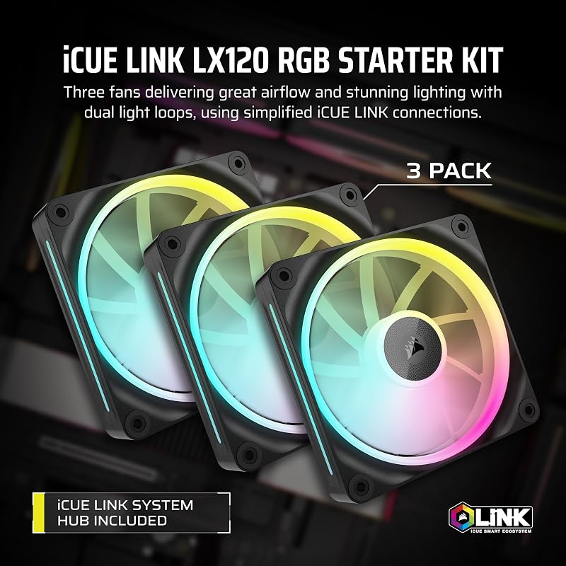 CORSAIR iCUE Link LX120 RGB 120 mm PWM Fans Triple Pack – Dual Light Loops – Inclui iCUE Link System Hub – Tecnologia CORSAIR AirGuide – Preto
