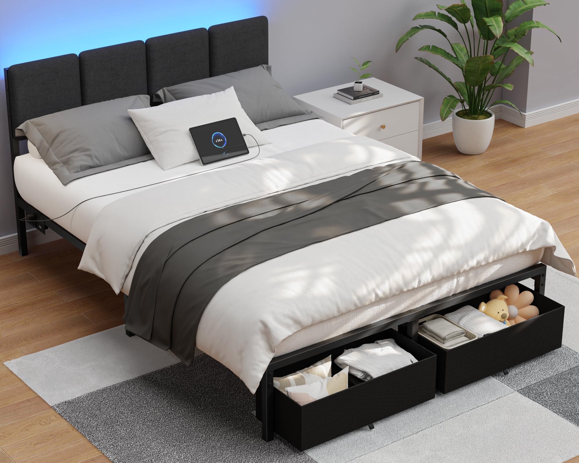 Photo 1 of ***PARTS ONLY***
Furnulem Full Size Bed Frame with Headboard,Upholstered Bed Full with LED Light,USB Charging Station,Platform Bedframe with 2 Fabric Underbed Storage Drawers,No Spring Box Needed