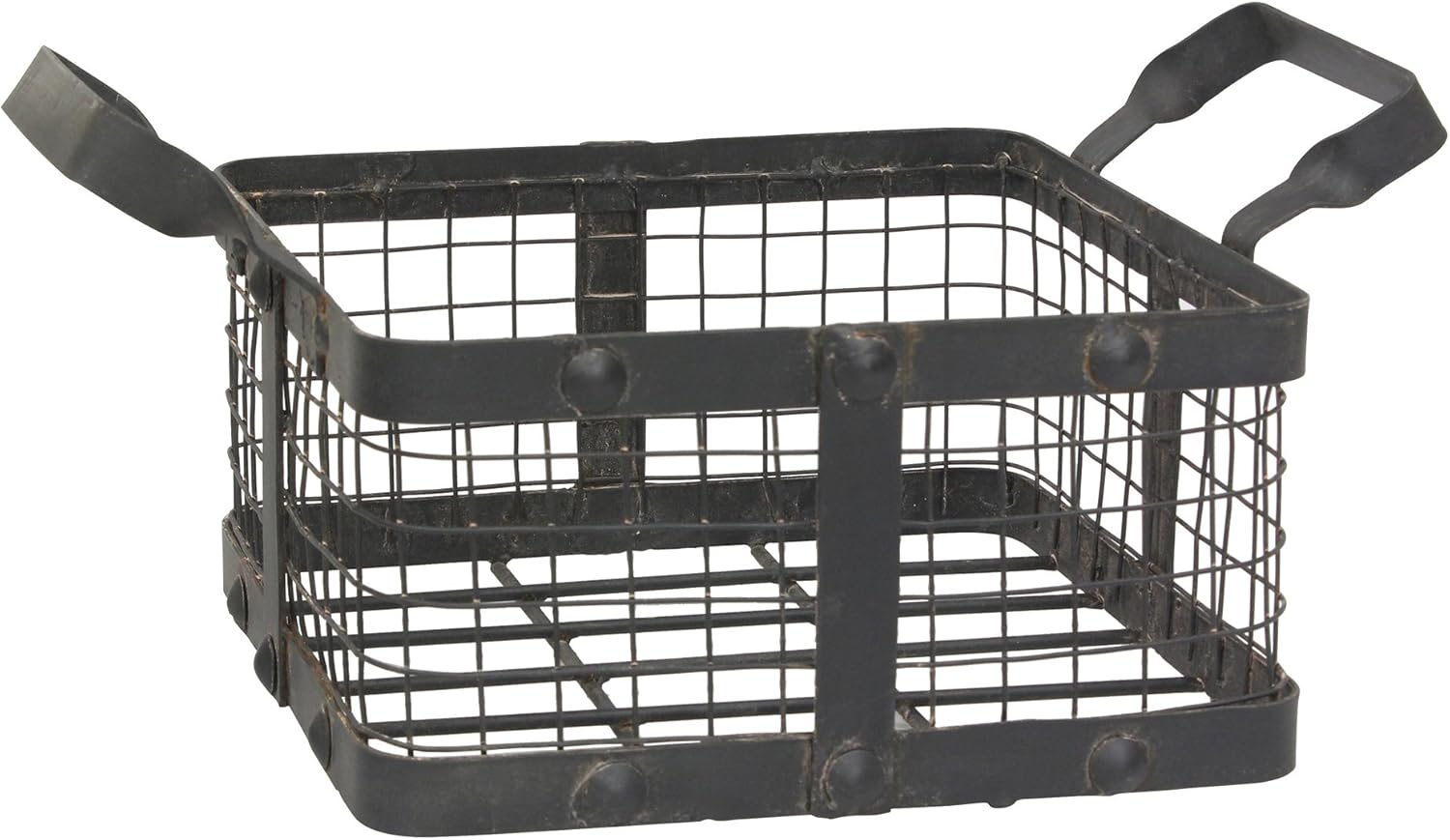 Stonebriar Small Square Worn Black Metal and Wire Basket with Handles