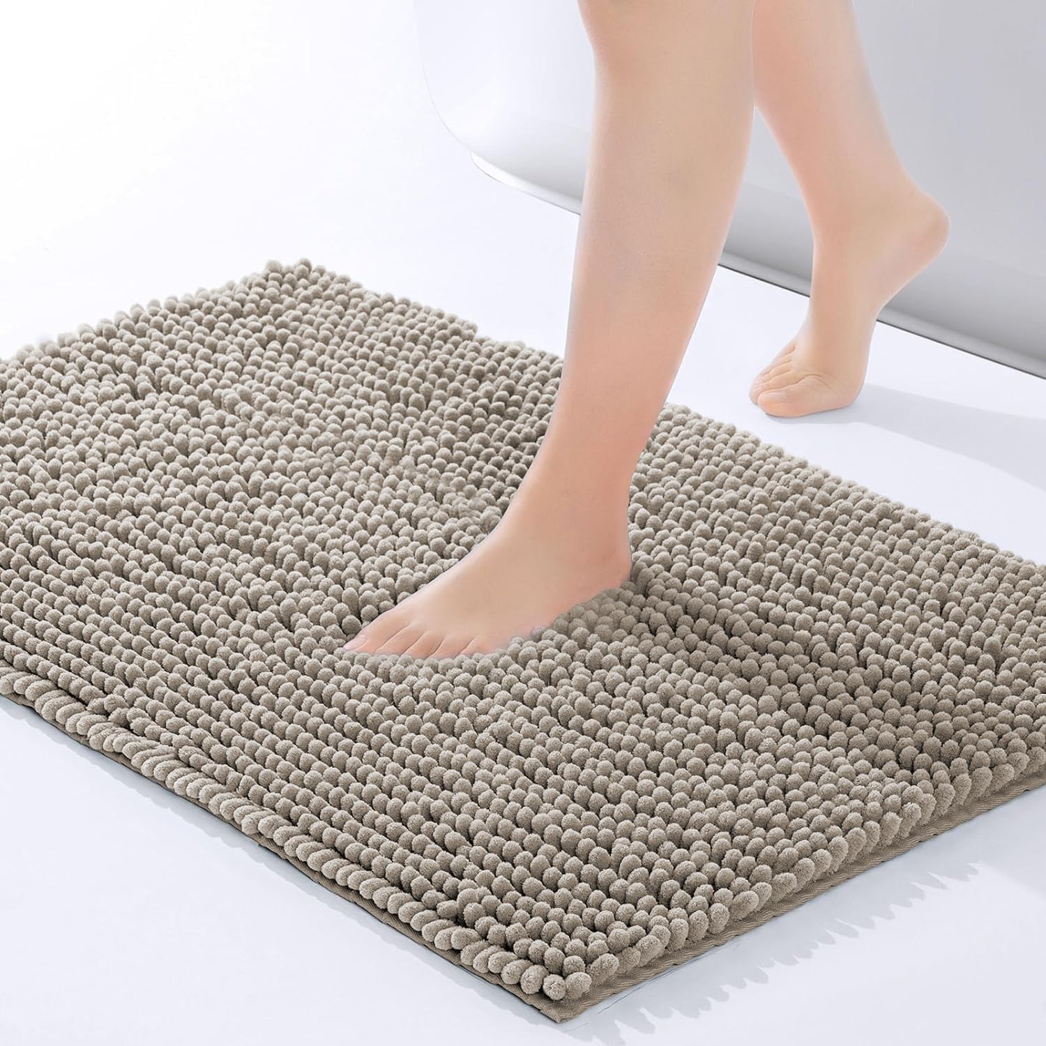 Moonlight Bedding Bath Mat Non Slip Anti Mould - Chenille Shower Mat Khaki 40 x 60 cm Super Absorbent Bathroom Mat Machine Washable Extra Soft Fluffy Bathmat