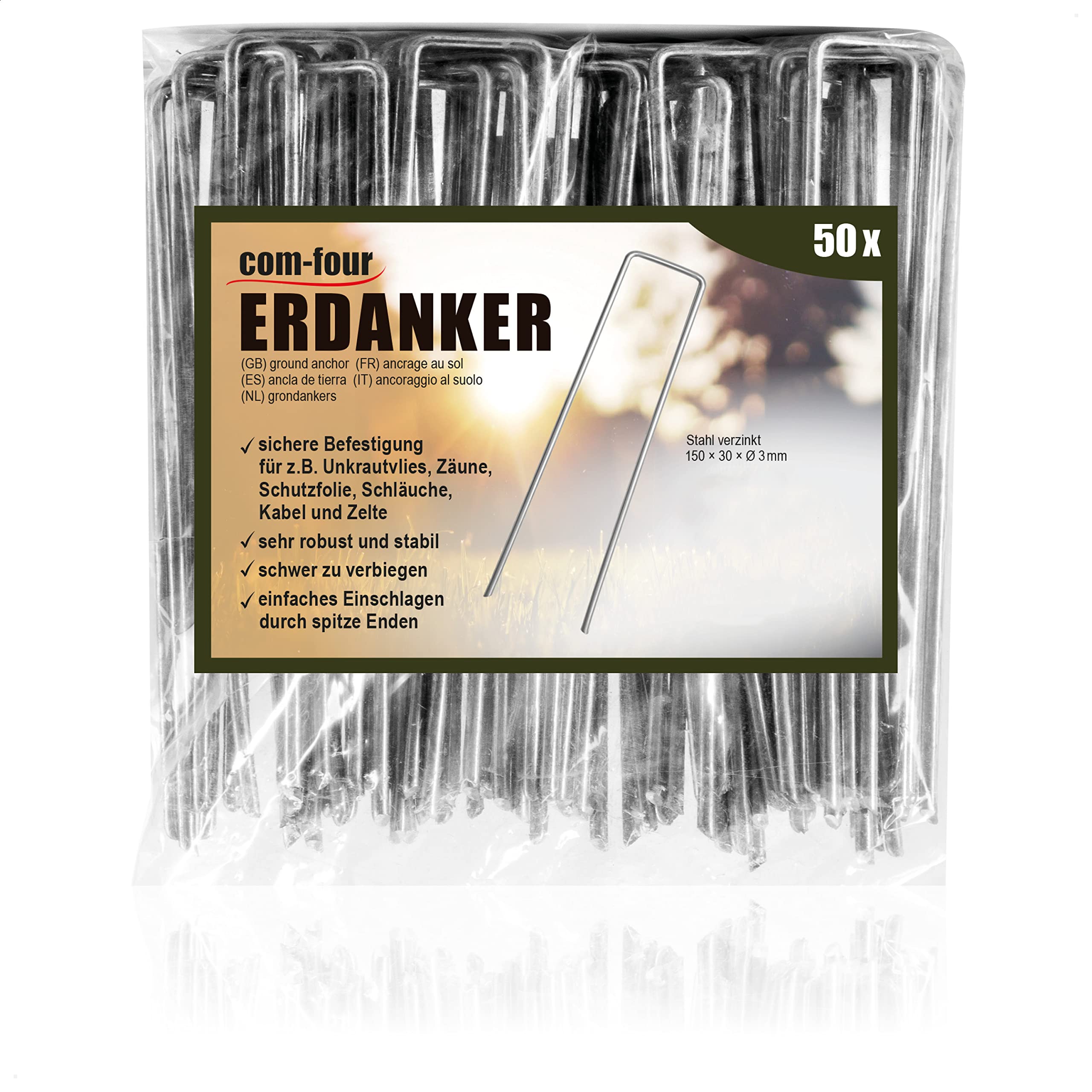 COM-FOUR® 50x Ground anchors made of coated steel - Robust ground pegs for fastening weed fleece and foils - Ground anchors for garden and camping (050 pieces - 150x30x3mm)