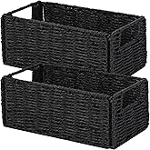 Vagusicc Wicker Storage Basket, Set of 2 Hand-Woven Paper Rope Wicker Basket, Small Storage Baskets for Organizing Toilet Paper Basket, Foldable Large Cube Storage Organizer Bins for Shelves (Black)