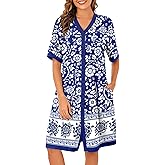 Bloggerlove Cotton Nightgowns for Women Floral Button Down Housecoat Long House Dress with Pocket