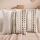 KOOLIFE Boho Chenille Tufted Couch Throw Pillow Covers 18x18 Inch Set of 2 Farmhouse Striped Decorative Pillow Covers Accent Neutral Square Pillowcase Green Cushion Covers for Livingroom Sofa Bed