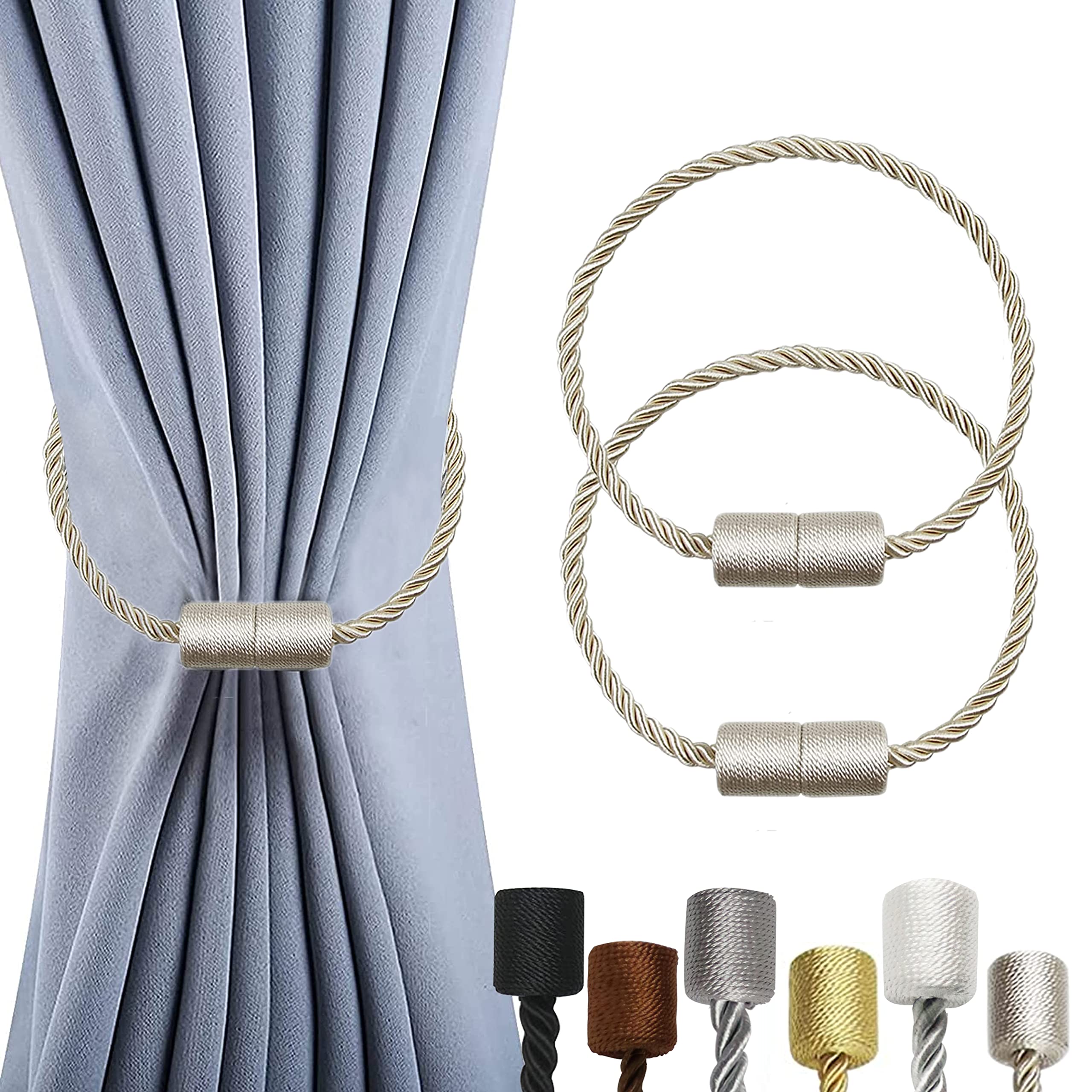 OCIOLI 2 Pack Magnetic Curtain Tiebacks Curtain Holdbacks Curtain Ties Outdoor Curtain Tiebacks Modern Rope Tiebacks Drapery Holdbacks Tie Backs for Curtains (Beige, 2)