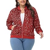Anna-Kaci Women's Sequin Jacket Plus Size Sparkly Zip Bomber Coat With Pockets For Concert Party