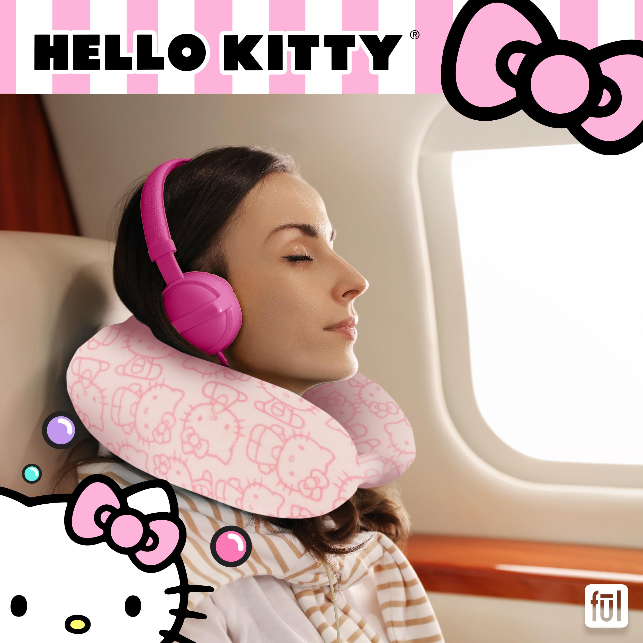 FUL Hello Kitty Neck Pillow, All Over Print Memory Foam Travel Accessories for Airplane, Car and Office, Comfortable and Breathable, Pink