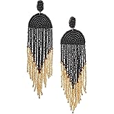 SPUNKYsoul Handmade Beaded Boho Earrings, Ombre Mixed Metallic Seed Bead Long Fringe Statement Earrings, Jewelry for the Modern Bohemian Women (BLACK & GOLD)