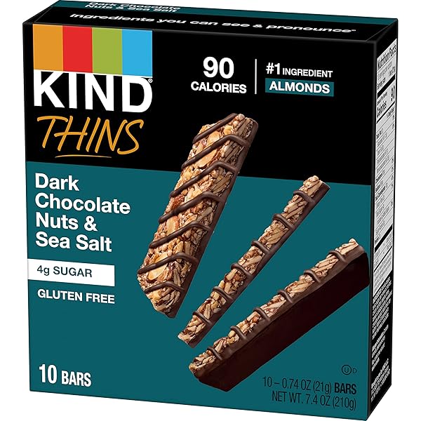 KIND THINS SNACK BARS, DARK CHOCOLATE NUTS & SEA SALT, GLUTEN FREE, LOW CALORIE, HEALTHY SNACKS, 4G SUGAR, 10 COUNT