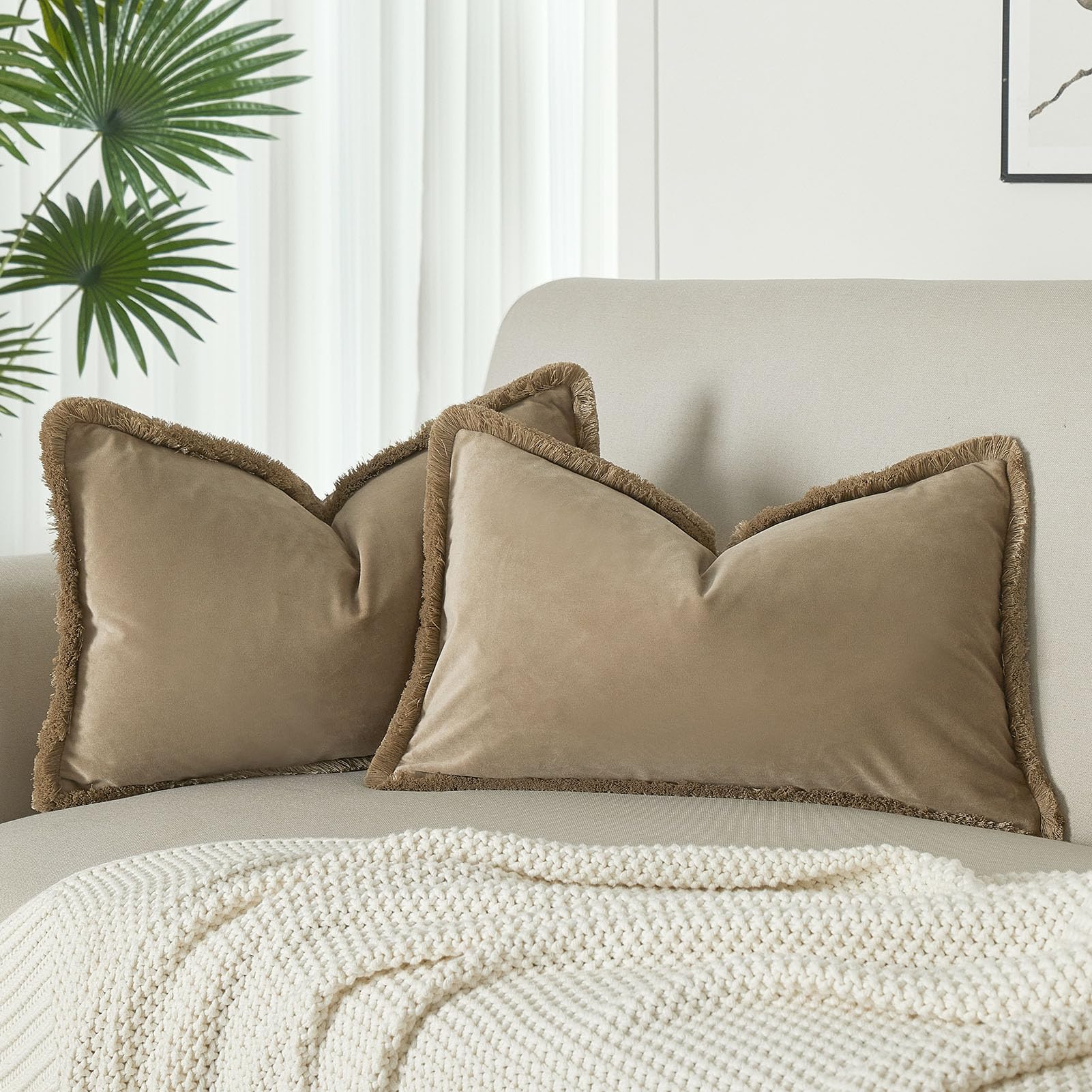 JUSPURBET Stone Decorative Lumbar Velvet Fringe Throw Pillow Covers 12x20 Set of 2 Boho Soft Cushion Case for Home Decor Living Room Couch Sofa Bed