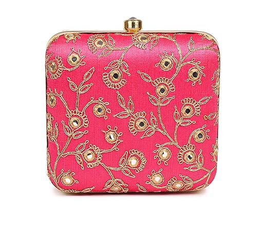 THE TAN CLAN Handicraft Party Wear Hand Embroidered Box Clutch Bag Purse For Bridal, Casual, Party, Wedding Gift for Her (Magenta)