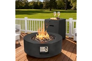 ECOTOUGE 2-Piece Gas Fire Pit, Outdoor Propane Fire Pit Table Set w/Tank Cover, 30''Auto-Ignition Round Steel Fire Table, 50,000 BTU Concrete Fire Pit w/Weather-Resistant Pit Cover, Lava Rocks, Black