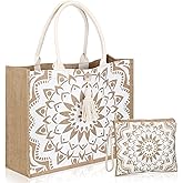 Buryeah 2 Pcs Large Beach Burlap Jute Tote Bag for Women Straw Cute Beach Jute Tote Handbags Reusable Grocery Bag for Mother Teacher Wedding Shopping Travelling Gym