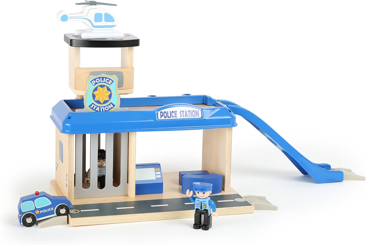 Small Foot 10899 Police Station Natural 100% FSC-Certified Wood, with helipad and car ramp, Parking Deck, Prison Cell - Image 3