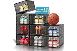 MSHOMELY Thicken Sturdy Shoe Storage Boxes Stackable Shoe Organizer for Closet, 9Pack Drop Front Shoe Box with Magnetic Door, Shoe Container for Sneaker Storage, Clear Shoe Rack, Fit US Size up to 13, Black