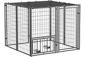 PawHut Dog Run Outdoor, Welded Wire Outdoor Dog Kennel with 4 Levels Adjustable & Rotatable Dog Bowls, Sun-Shade Cover, Secur