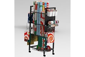 Topbooc Rolling Wrapping Paper Organizer Cart with Pegboard & Storage Baskets, Gift Wrap Station with Hooks, Holders, Wheels & Containers for Ribbons, Bags, Craft Supplies Gift Wrapping Station