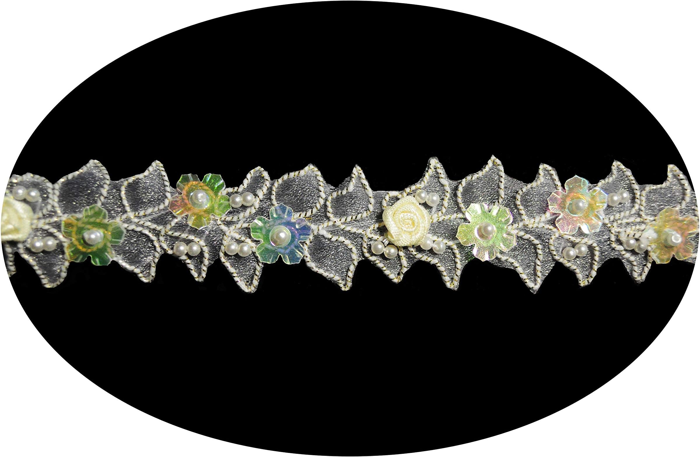 1.25" Wide - Ivory Corded Beaded Mirror Organza Trimming with Rosettes Iridescent Floral Sequins Pearls Trim Sold by Yard