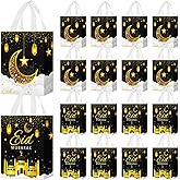 Locmeo 24 Pcs Eid Mubarak Reusable Gift Bags with Handles Non Woven Al Fitr Muslim Treat Bags Multifunctional Ramadan Mubarak Gift Bag for Party Supplies Gifts Wrapping (Black)