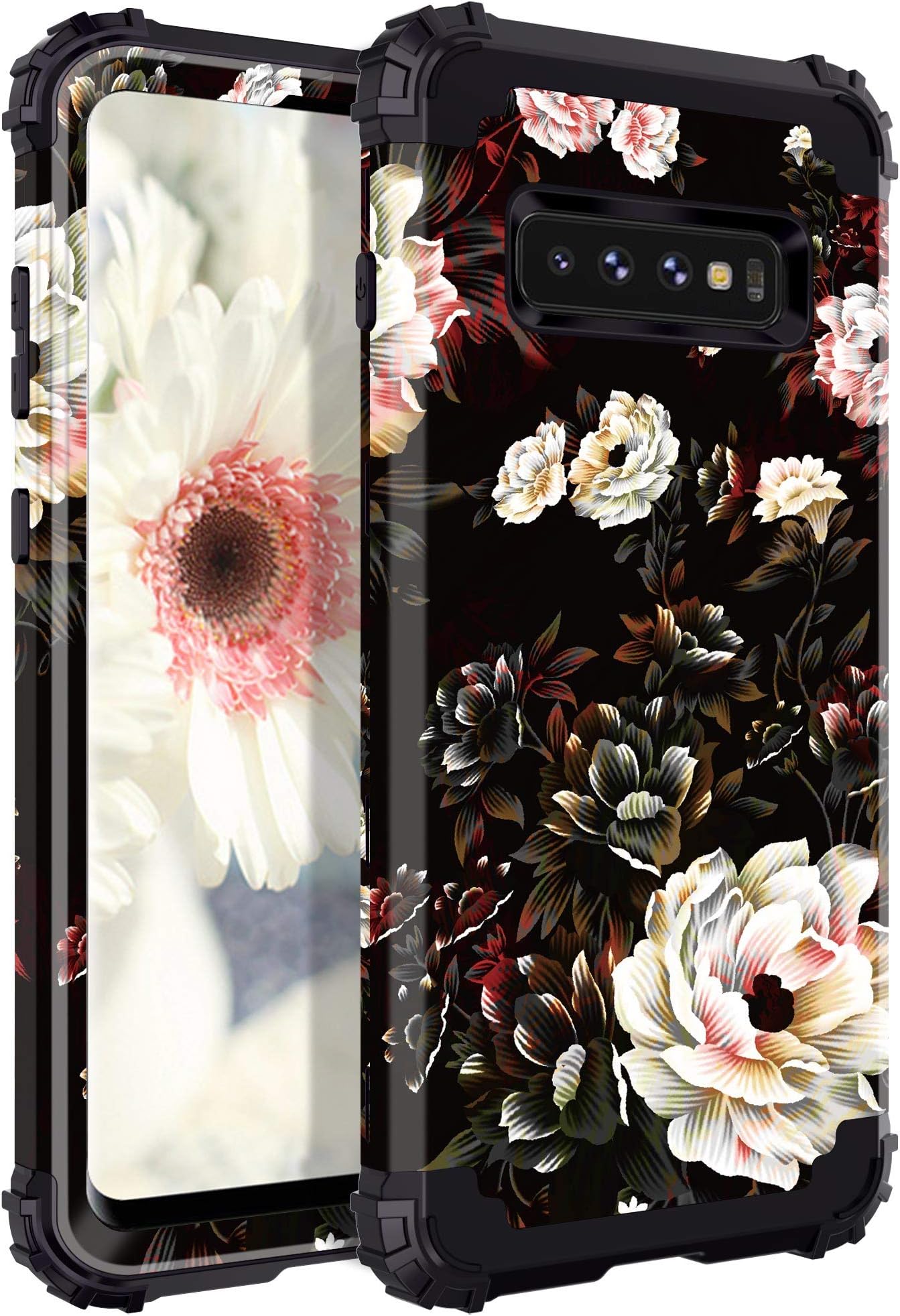 LONTECT for Galaxy S10 Case Floral 3 in 1 Heavy Duty Hybrid Sturdy High Impact Shockproof Protective Cover Case for Samsung Galaxy S10, Flower/Black