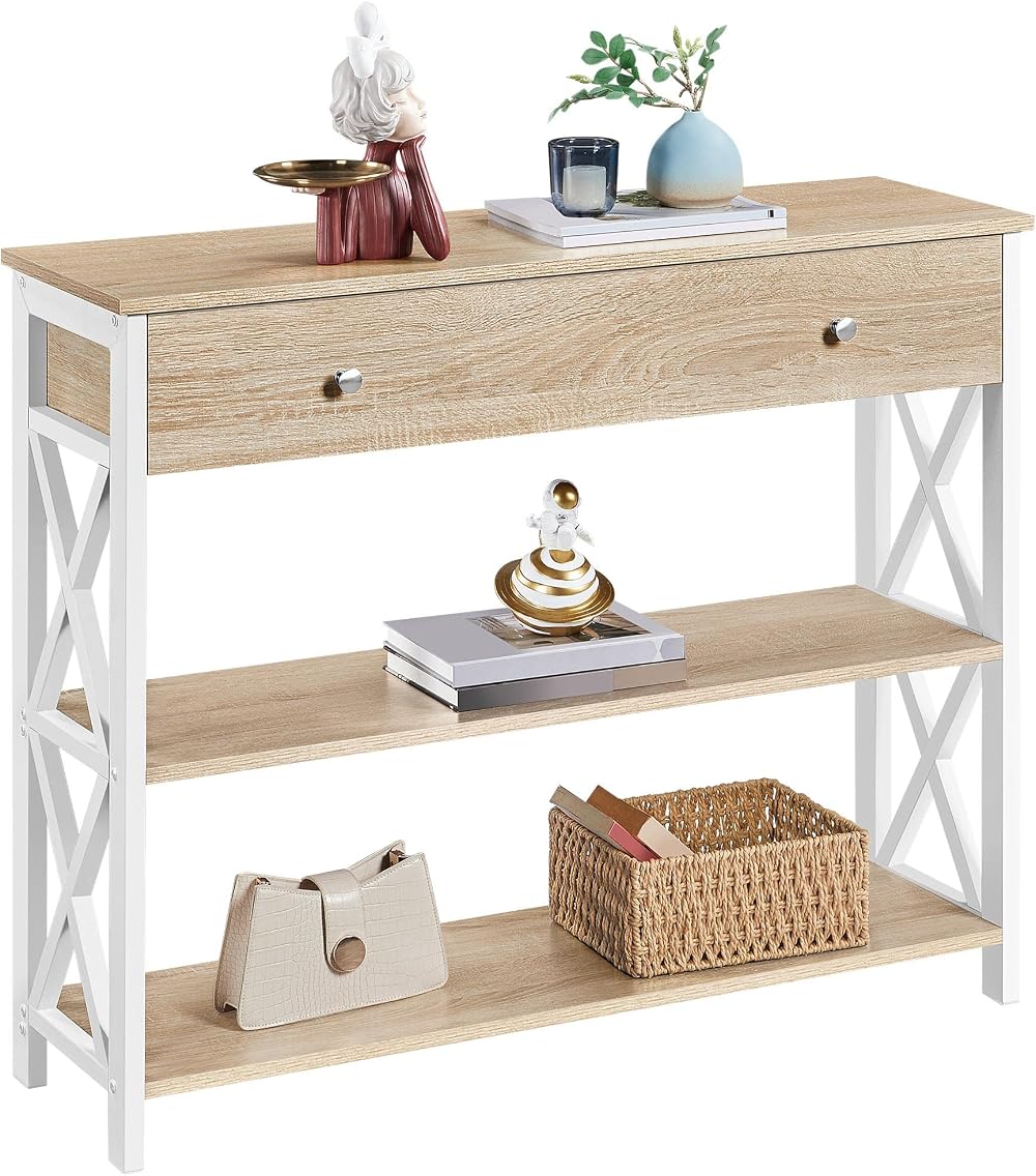 Yaheetech Console Table 100x29.5x81 cm Light Oak with Drawer and Shelves