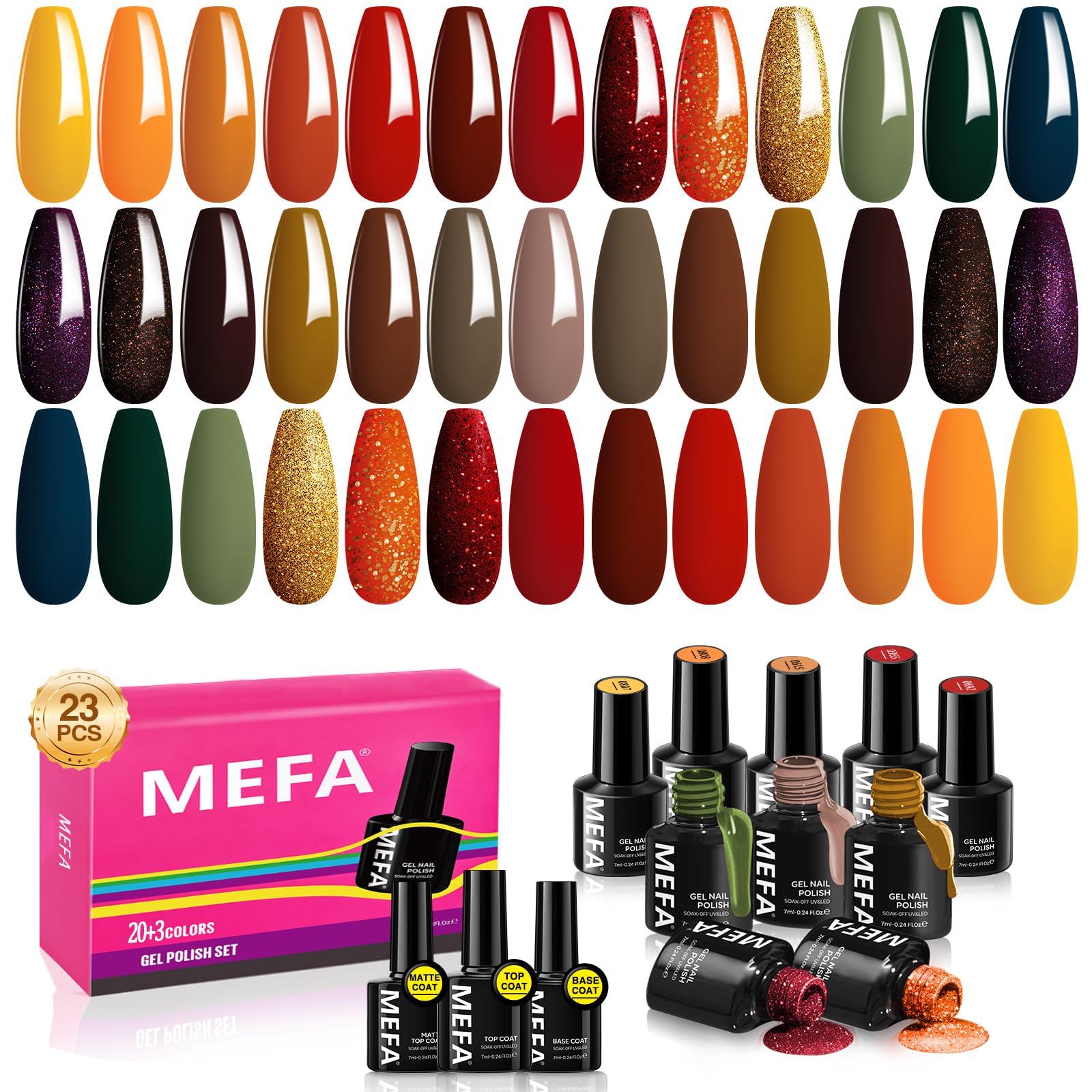 MEFA Gel Nail Polish Set, 23 Colors Brown Orange Nail Polish Set Gold Glitter Yellow Nail Polish Soak Off Red Shimmer Gel Nail Gifts for Women Girl DIY Salon Home Manicure