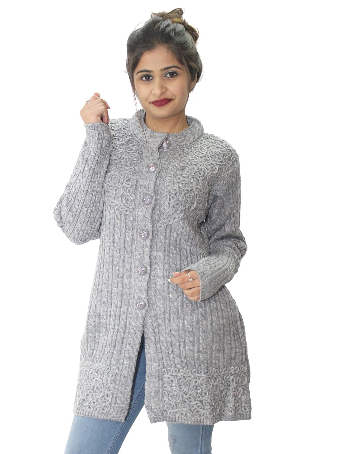 hautemoda women's woollen embroidered long cardigan (ad04sa01_peach)