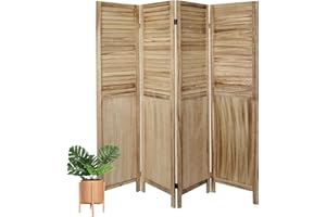 ECOMEX 4 Panel Room Divider Fully Assembled 5.6Ft Wood Room Dividers and Folding Privacy Screens Rustic Wall Partition Dividers Room Separator, Natural Brown
