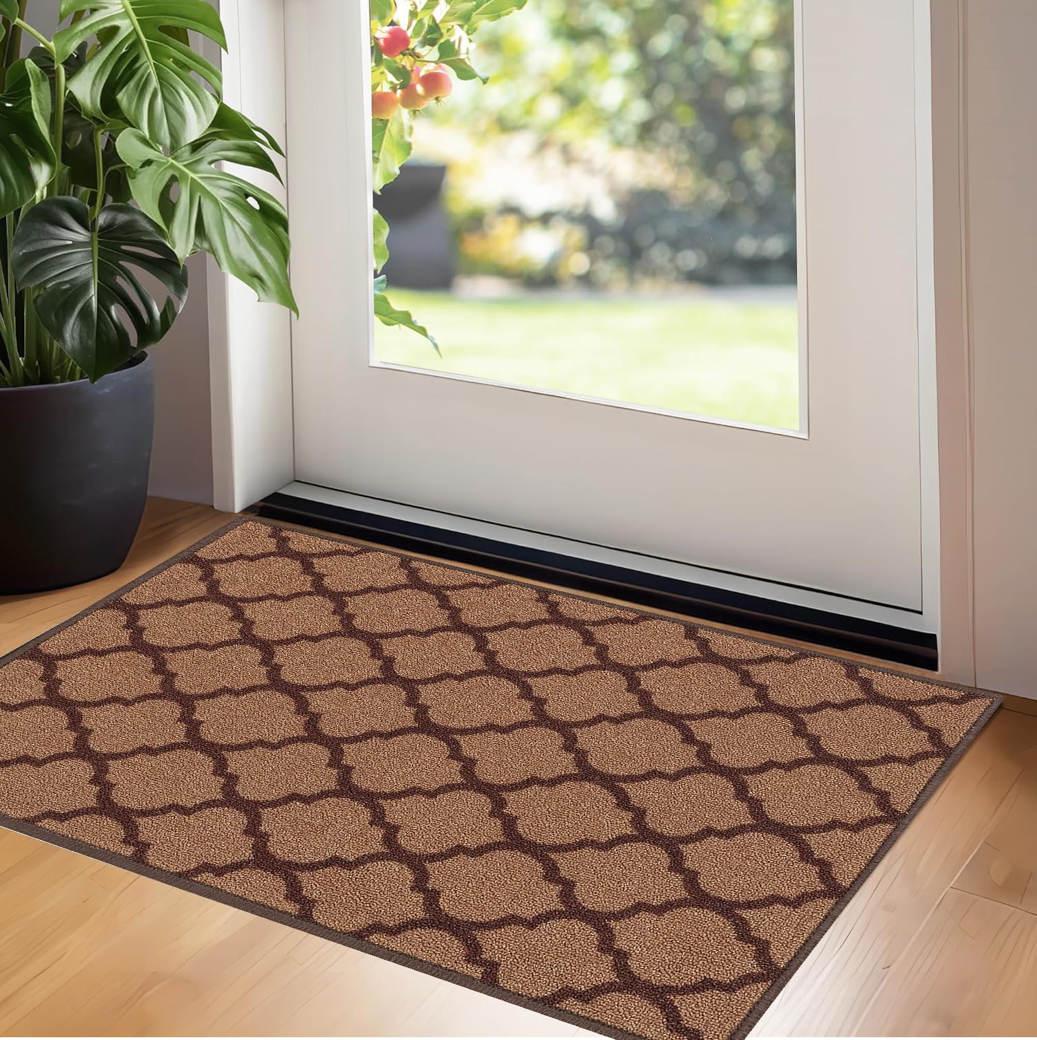 Gullambo Washable Door Mat - Non Slip Mat For Wooden Floor - Indoor Super Absorbent Dirt Trapper - Kitchen Hallway Runner Rug (Trellis Beige, 40x60cm)