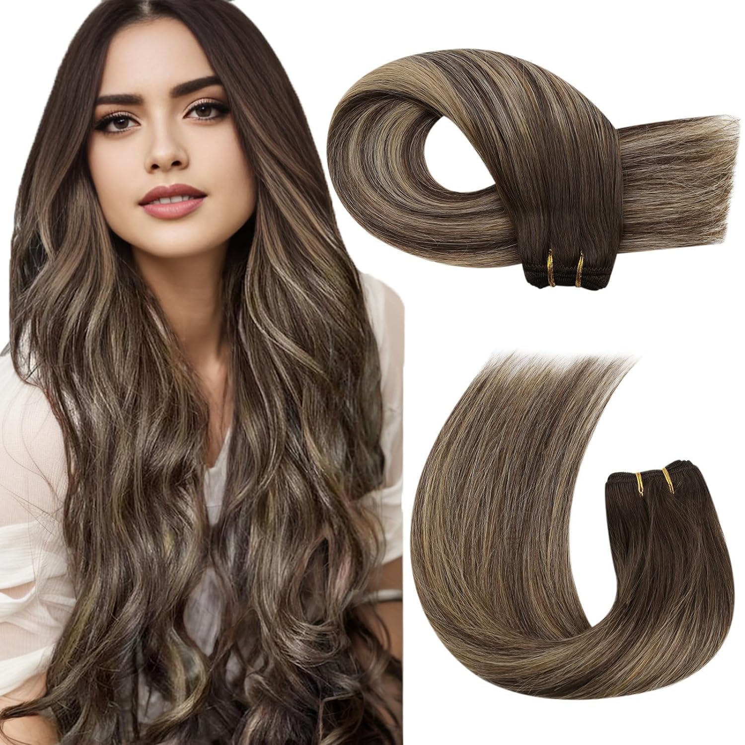 Moresoo Weft Hair Extensions Real Human Hair Balayage Dark Brown with Caramel Blonde Sew in Human Hair Extensions 22 Inch 100g/Pack #4/27/4 — image 1
