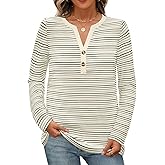 MEROKEETY Women's Fall Long Sleeve Striped Henley Tops V Neck Dressy Casual Loose Shirt 2025 Trendy Blouse