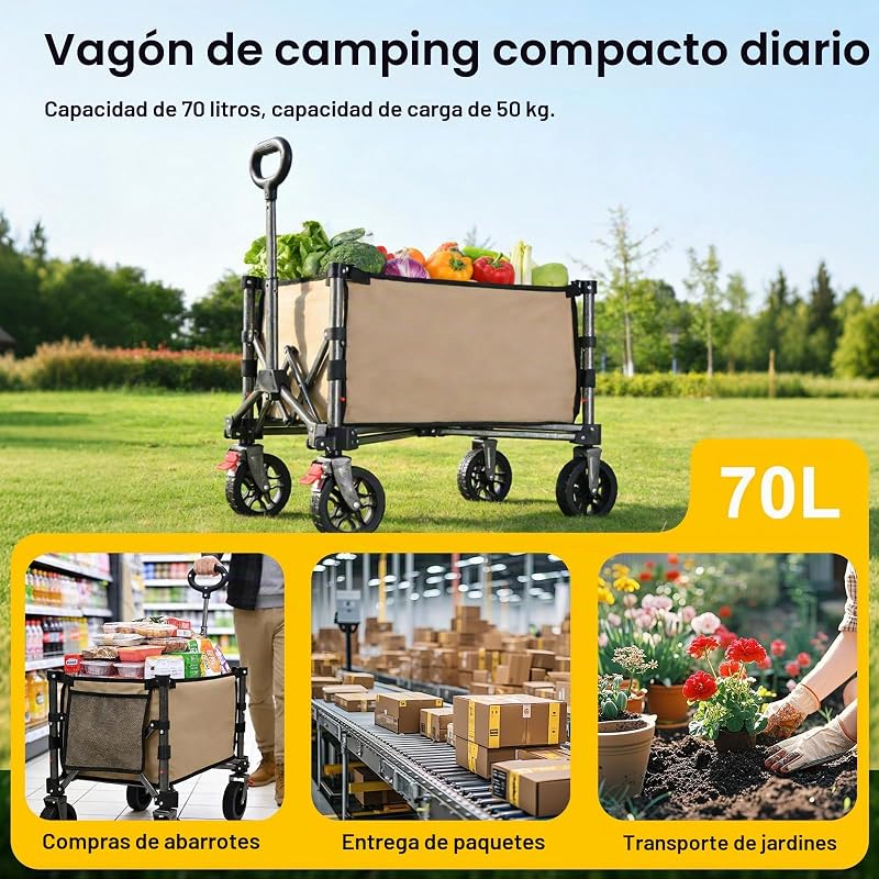 Carro Playa Plegable con Ruedas, Diseño Compacto, 50 kg, Caqui